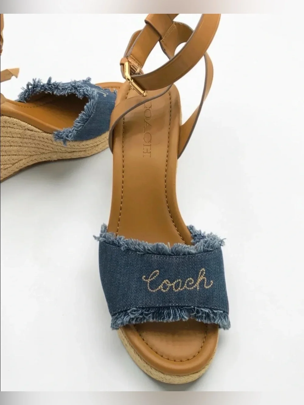 Coach “Kelly” Blue Denim Espadrille Wedge Sandals leather ankle Strap sz 7.5